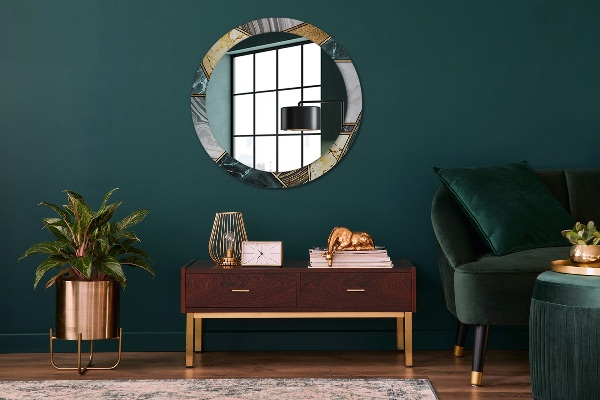 Espelho com moldura impressa redondo Mármore de ágata e ouro