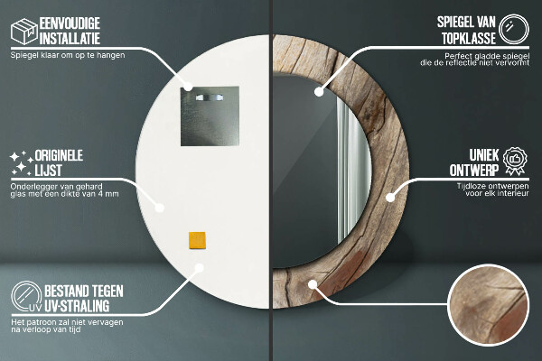 Espelho com moldura impressa redondo Madeira rachada