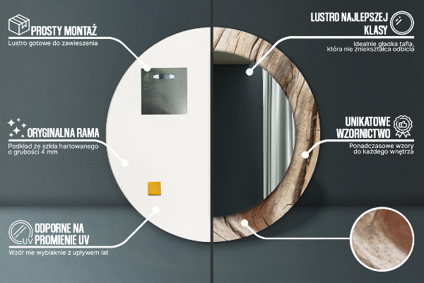 Espelho com moldura impressa redondo Madeira rachada