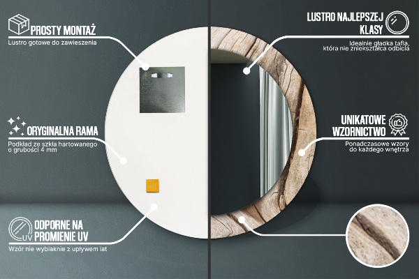 Espelho com moldura impressa redondo Madeira rachada