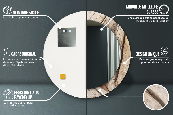 Espelho com moldura impressa redondo Madeira rachada