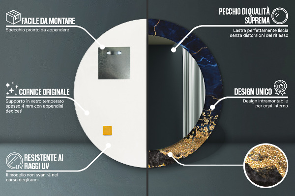 Espelho de parede circular decorativo Mármore azul