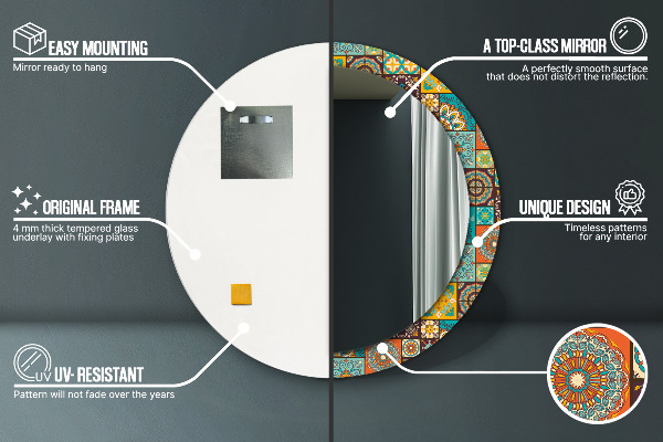 Espelho com moldura impressa redondo Padrão árabe