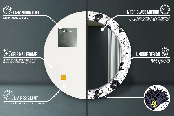Espelho com moldura impressa redondo Composição de flores lineares