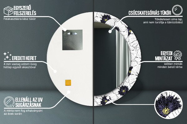 Espelho com moldura impressa redondo Composição de flores lineares
