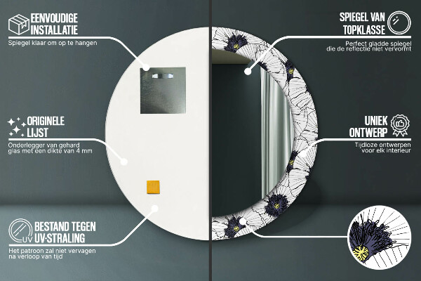 Espelho com moldura impressa redondo Composição de flores lineares