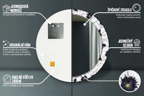 Espelho com moldura impressa redondo Composição de flores lineares