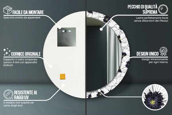 Espelho com moldura impressa redondo Composição de flores lineares