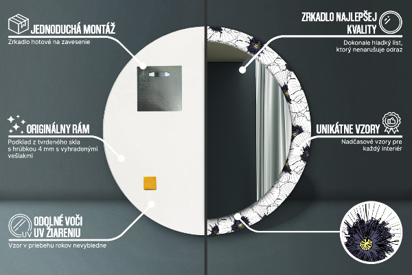 Espelho com moldura impressa redondo Composição de flores lineares