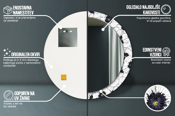 Espelho com moldura impressa redondo Composição de flores lineares