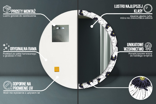 Espelho com moldura impressa redondo Composição de flores lineares