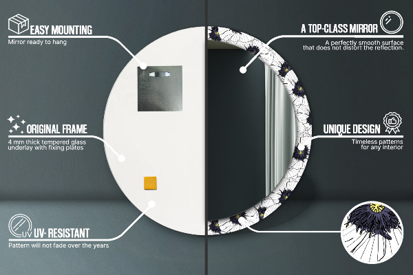 Espelho com moldura impressa redondo Composição de flores lineares