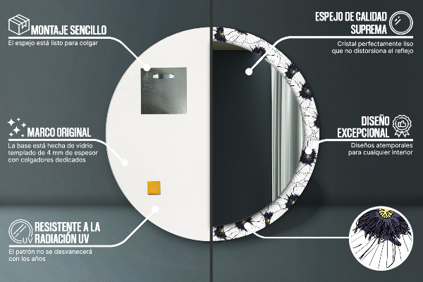 Espelho com moldura impressa redondo Composição de flores lineares