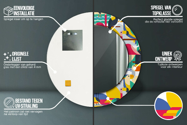 Espelho circular de parede decorativo Pássaros tropicais geométricos