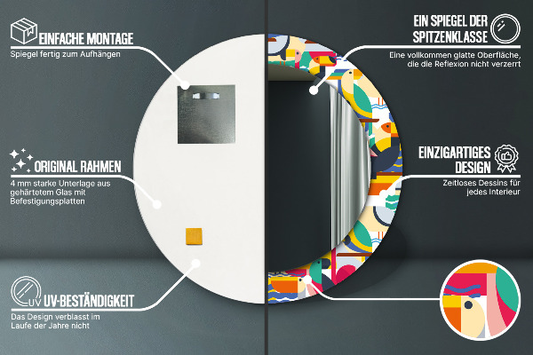 Espelho circular de parede decorativo Pássaros tropicais geométricos