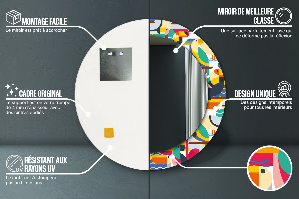 Espelho circular de parede decorativo Pássaros tropicais geométricos