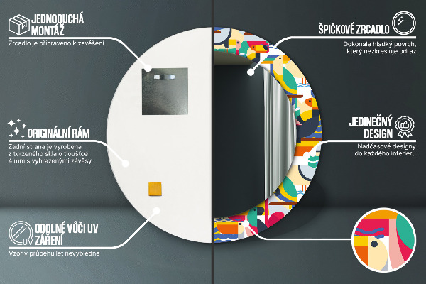 Espelho circular de parede decorativo Pássaros tropicais geométricos