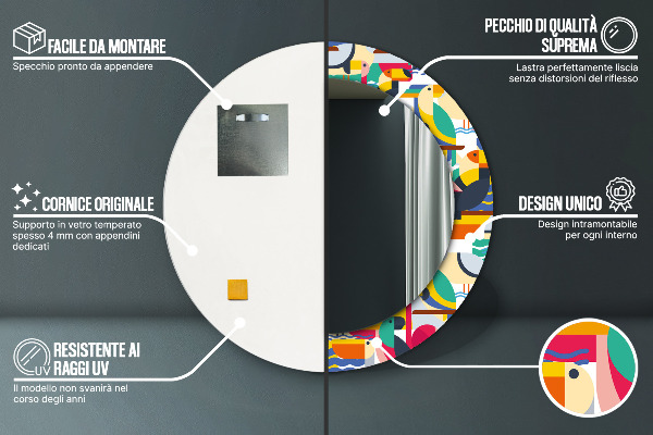 Espelho circular de parede decorativo Pássaros tropicais geométricos