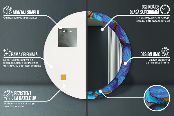 Espelho com moldura impressa redonda Borboleta azul e verde