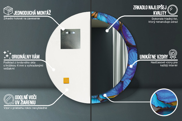 Espelho com moldura impressa redonda Borboleta azul e verde