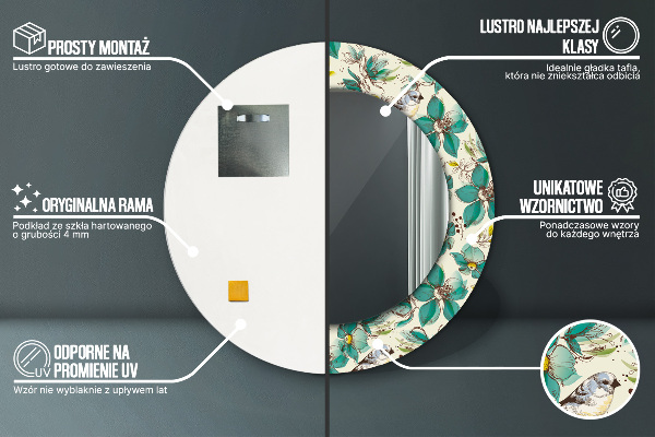 Moldura impressa espelho redondo Flores e pássaros