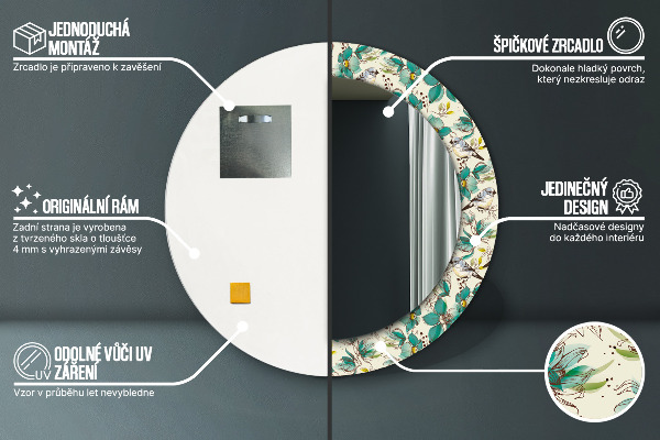 Moldura impressa espelho redondo Flores e pássaros