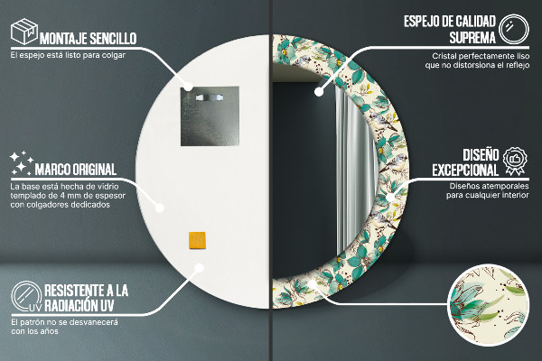 Moldura impressa espelho redondo Flores e pássaros