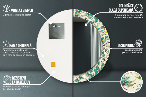 Moldura impressa espelho redondo Flores e pássaros