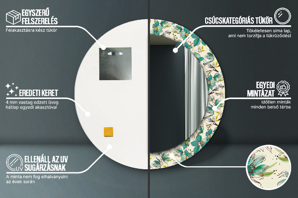 Moldura impressa espelho redondo Flores e pássaros