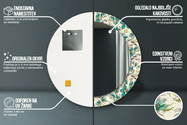 Moldura impressa espelho redondo Flores e pássaros