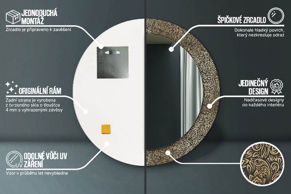 Moldura impressa espelho redondo Ornamentos dourados