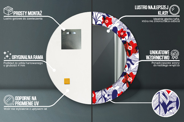 Moldura impressa espelho redondo Filodendro e flores vermelhas