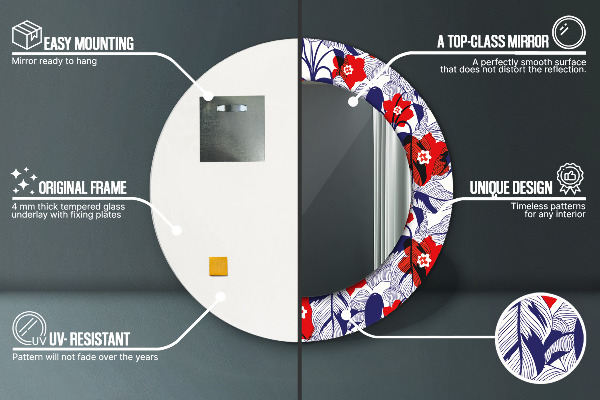 Moldura impressa espelho redondo Filodendro e flores vermelhas