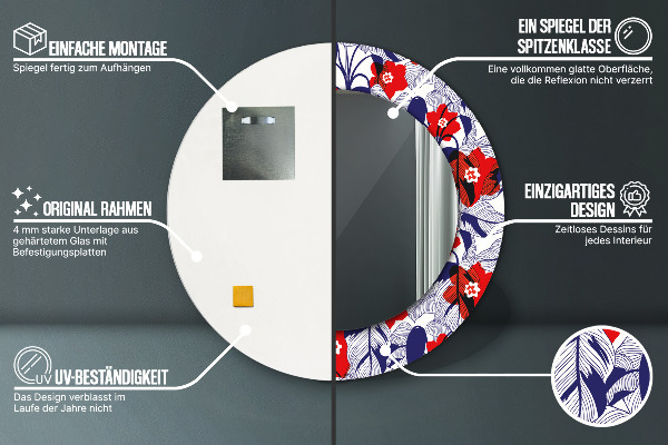 Moldura impressa espelho redondo Filodendro e flores vermelhas