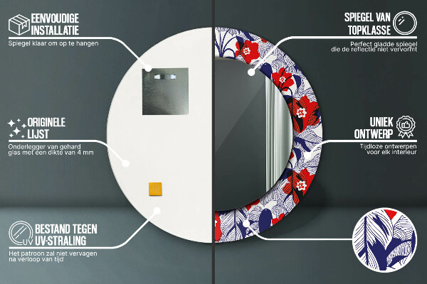 Moldura impressa espelho redondo Filodendro e flores vermelhas