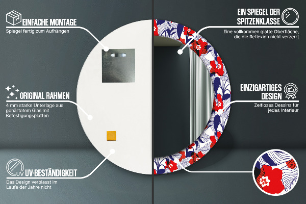 Moldura impressa espelho redondo Filodendro e flores vermelhas