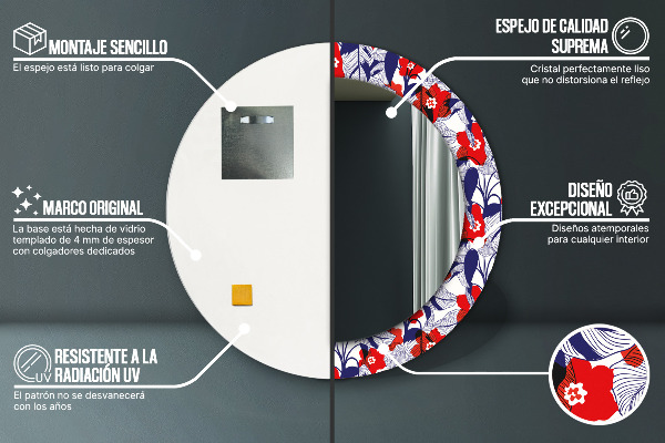 Moldura impressa espelho redondo Filodendro e flores vermelhas