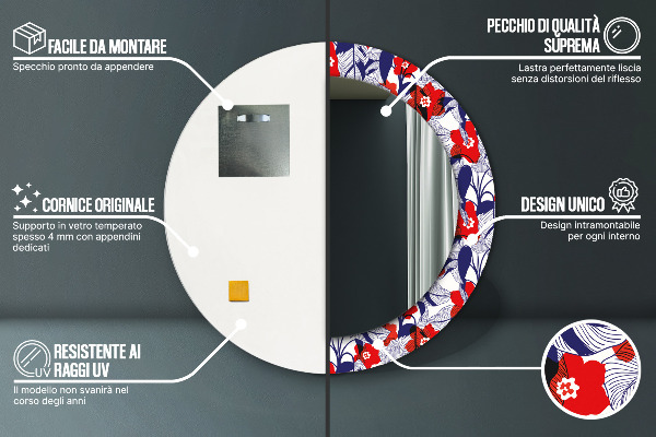 Moldura impressa espelho redondo Filodendro e flores vermelhas