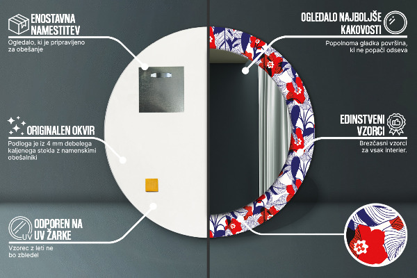 Moldura impressa espelho redondo Filodendro e flores vermelhas