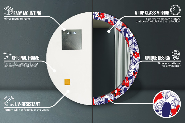 Moldura impressa espelho redondo Filodendro e flores vermelhas