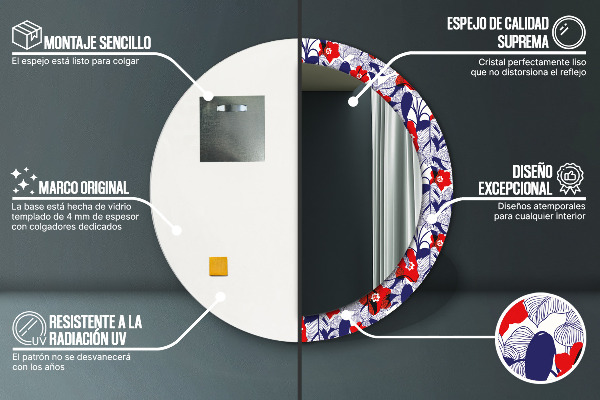 Moldura impressa espelho redondo Filodendro e flores vermelhas