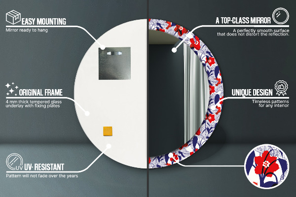 Moldura impressa espelho redondo Filodendro e flores vermelhas