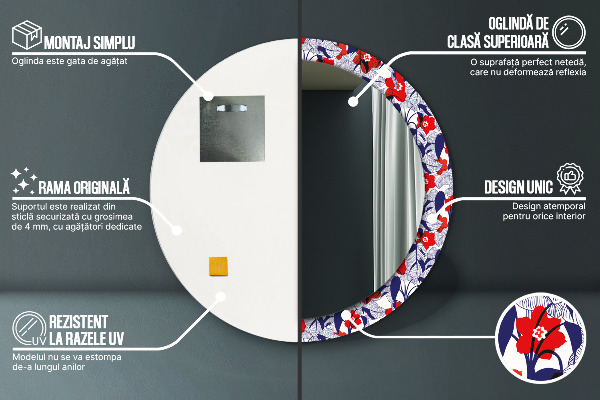 Moldura impressa espelho redondo Filodendro e flores vermelhas