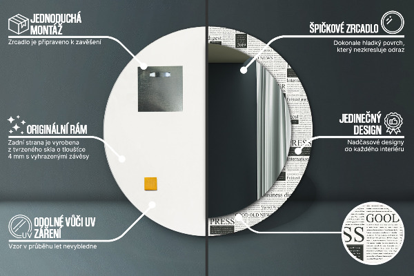 Moldura impressa espelho redondo Padrão de jornal