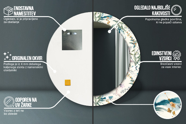 Espelho de parede circular decorativo Flores de aguarela