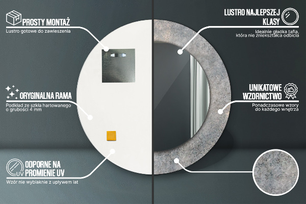 Espelho com moldura impressa redondo Betão vintage