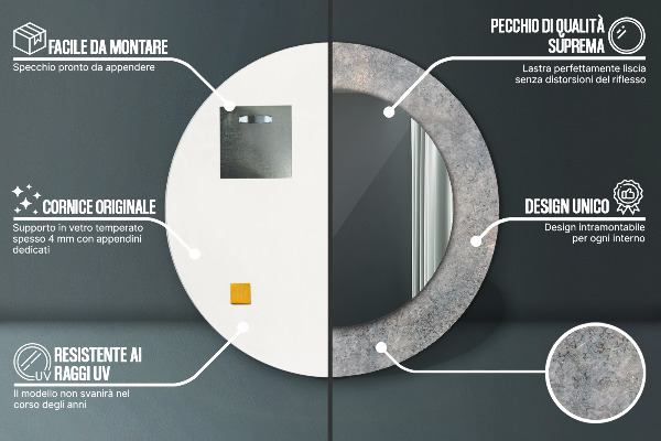 Espelho com moldura impressa redondo Betão vintage