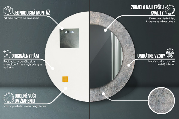 Espelho com moldura impressa redondo Betão vintage