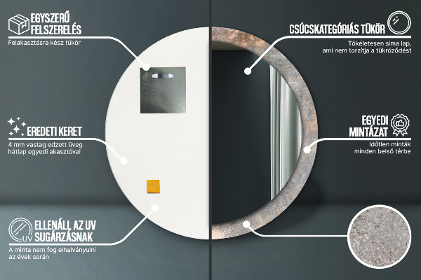 Espelho com moldura impressa redondo Betão vintage