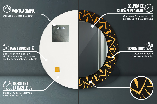 Espelho com moldura impressa redondo Mandala dourada